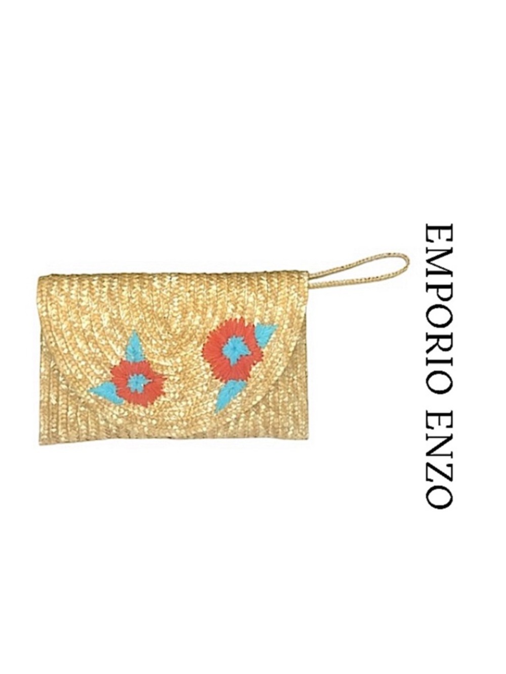 Emporio Enzo Large Woven Floral Accent Straw Magnetic Snap Wristlet Handbag NWOT